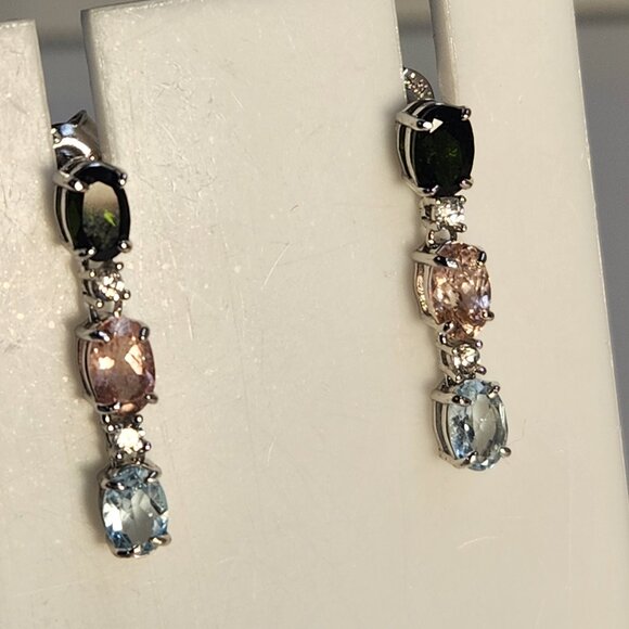 VTG NIB 925 Tourmaline Multi-Gem Dangle Drop Stud Earrings Signed 1" - Picture 11 of 14